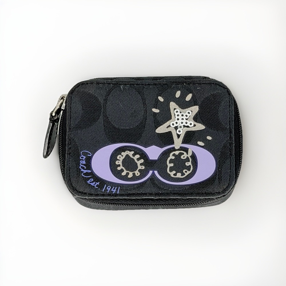 Coach Signature C Triple Pill Case Travel Organizer Black Purple 1941